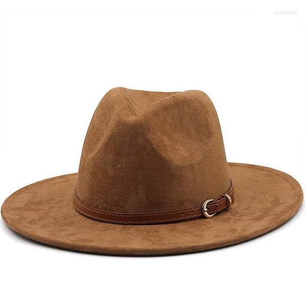 Boinas Camurça Fedora Chapéus Chapéu de Cowboy Ocidental Viseira Boné Feminino Homens Cinto de Fivela de Cobre Marrom Jazz Feltro Aba Larga Proteção Solar