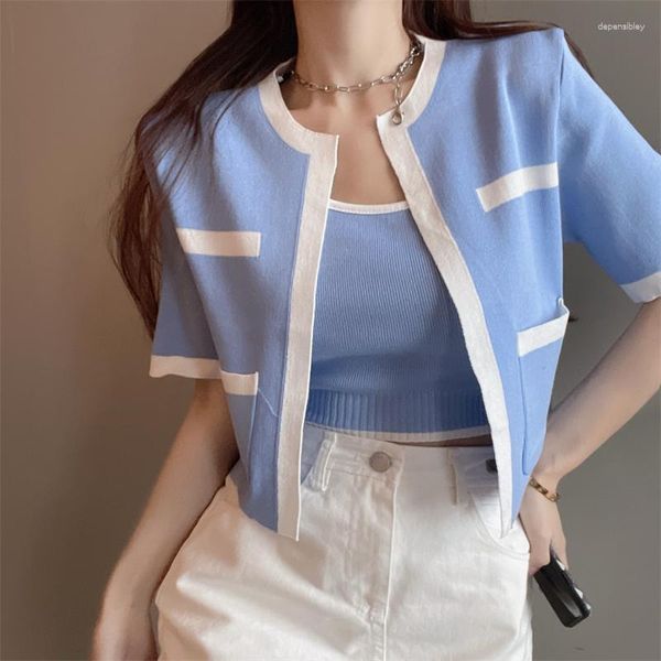 Frauen Strick Sommer Elegante Mode Kurzarm Strickjacke Mantel Und Sexy Sling Tops 2023 Koreanische Zwei Stück Set Weibliche beiläufige Kleidung