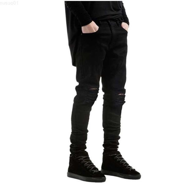 Jeans masculino preto rasgado skinny jeans estilo hip hop jeans riscado motociclista calças de grife de marca famosa 220408 L230726