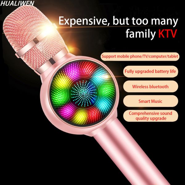 Microfoni Microfono Karaoke wireless Altoparlante portatile portatile Bluetooth Lettore KTV domestico con funzione di modifica del suono della luce LED danzante 230725