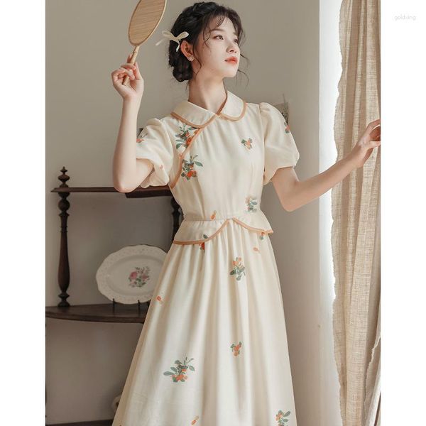 Ethnische Kleidung 2023 Sommer chinesischer Stil Scheibenschnalle verbesserte Mädchenkunst Retro Aprikose fragmentierte Blume Qipao mittleres Ldress Puppenhals dünn