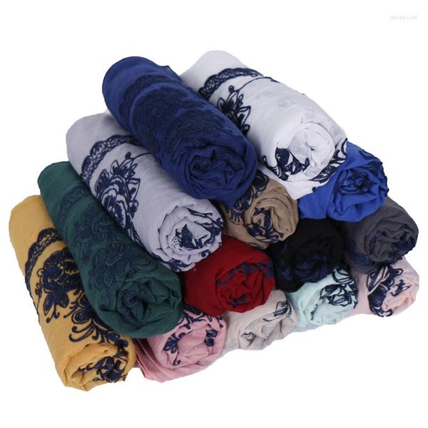 Cachecóis Feminino Cachecol Bordado Floral Algodão Hijabs Xales Lenço de Cabeça Muçulmano Feminino Envoltórios Longos Tamanho Grande Pashmina 180 90CM