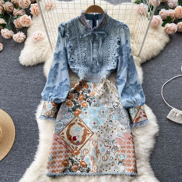 Frühling Herbst Neue Frauen Kleider Mode Stickerei Mesh Lange Kleid Weibliche Casual Lose Patchwork Chic Mid-Kalb Kleider 2023 GRÖßE S-2XL