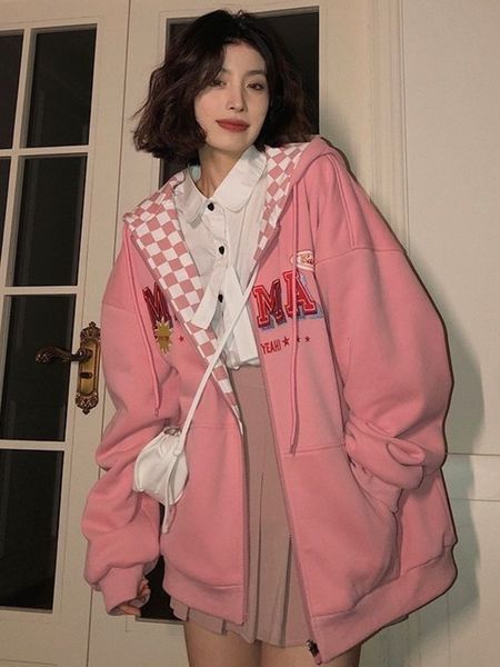 Женские куртки Deeptown Vintage Y2K Plead Bomber Jacket Женщины Harajuku Hip Hop Негабаритный капюшон Корейский повседневный молния