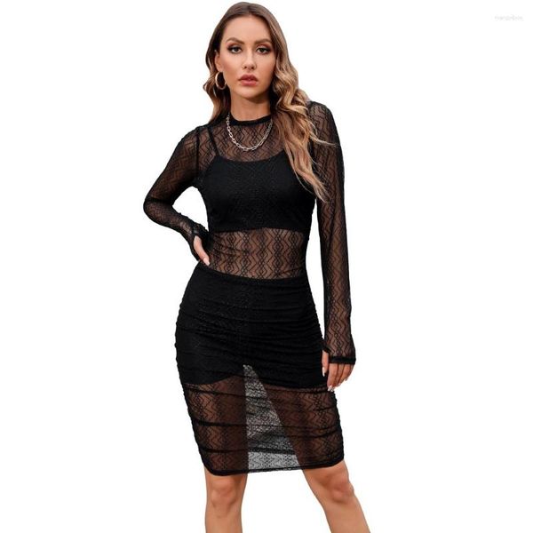 Abiti casual Donne sexy Abito a tre pezzi Set Primavera Estate Lady 3PCS Crop Top Pantaloncini Sheer Mesh O-Collo Bodycon Party Prom