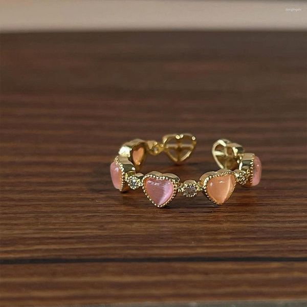Cluster-Ringe, offener verstellbarer Ring, Glas, rosa Opal, Herz, 14 Karat vergoldet, für Damen