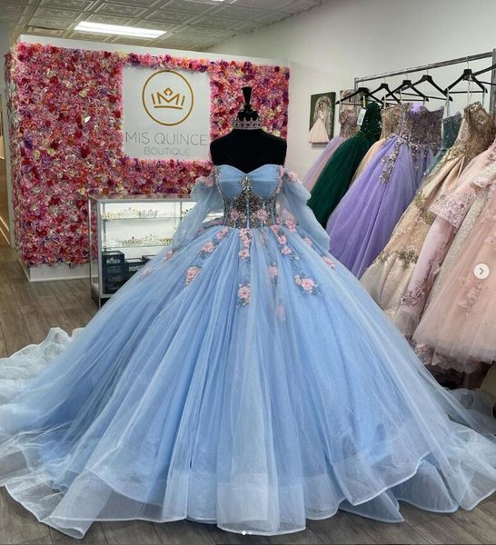 Sky Blue Gillter Tulle Princess Quinceanera Abiti con maniche lunghe Sweetheart Corsetto floreale 3D Abiti quinceaNera modernos