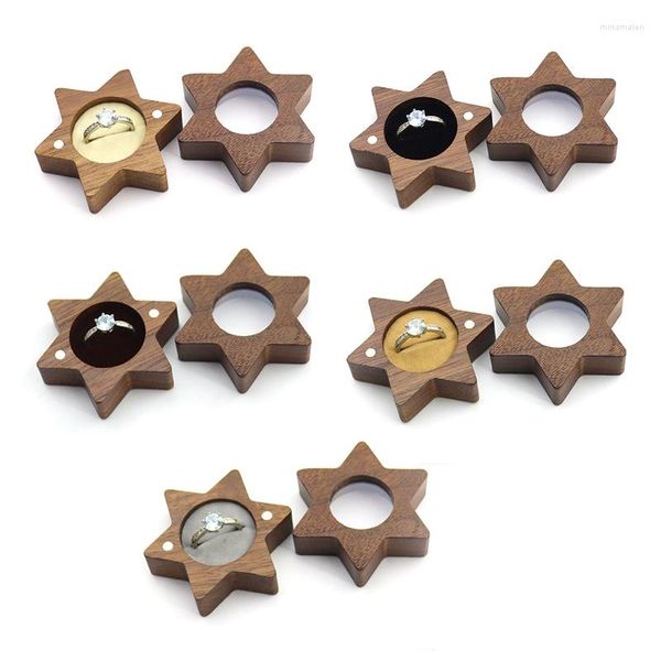 Bolsas para joias Caixa de anel de casamento Hexágono Portador de madeira em forma de estrela para proposta Suporte rústico Decoração Cerimônia Y08E