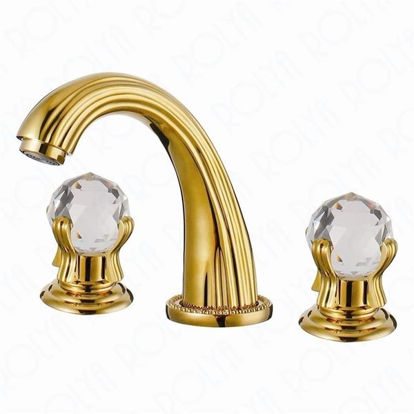 Torneiras de lavatório ROLYA luxuosas de latão maciço dourado de 8 polegadas montadas no convés torneiras de cristal com alças de cristal para pia de banheiro 269n