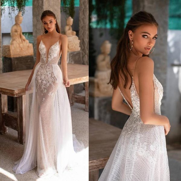 2020 Millanova Abiti da sposa eleganti a sirena Profondo scollo a V Perline Appliques Abiti da sposa in pizzo Sweep Train Vestidos De Novia3188