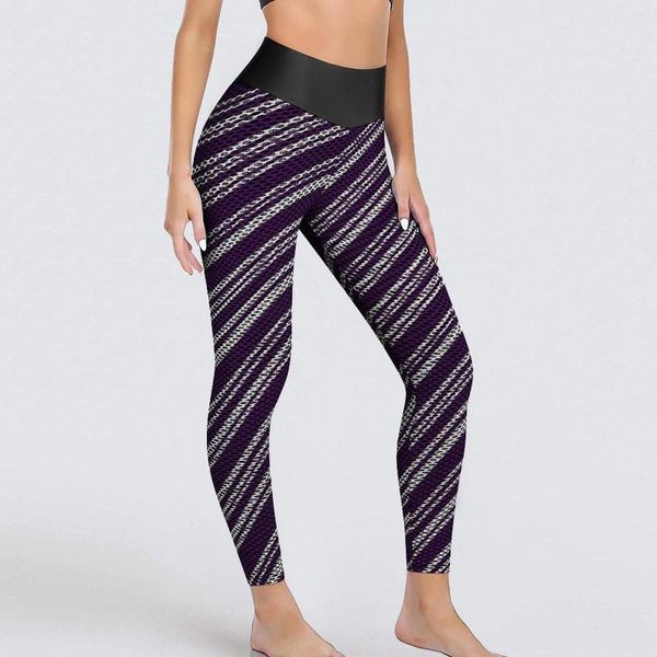 Pantaloni attivi Leggings linea viola e bianca Motivo a righe caramelle Sexy Yoga Leggins elasticizzati traspiranti Leggings sportivi da palestra femminili