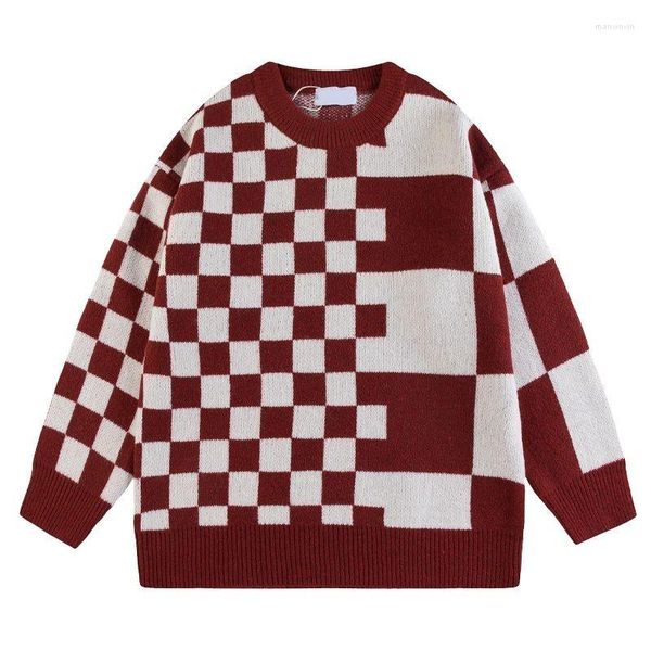 Erkek Sweaters Square Jakard Örme Süveter Sonbahar/Kış Koreli Retro Japon Yuvarlak Boyunca Yavurucu Sıcak