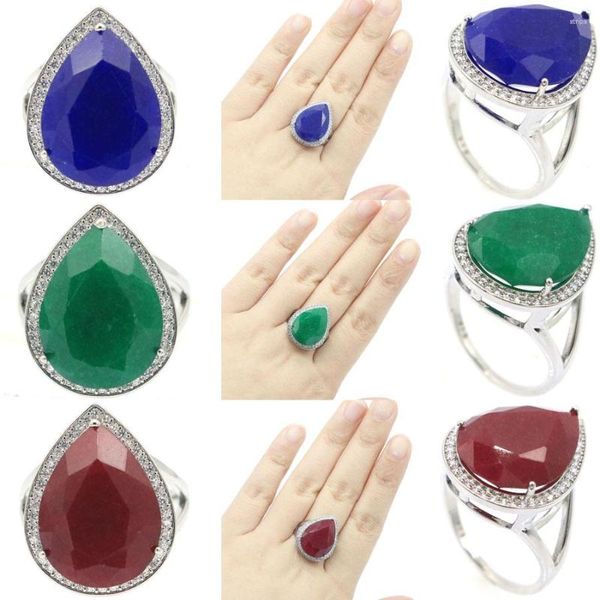 Кластерные кольца 8G 925 Сплошное серебряное кольцо Big Gemstone Real Green Emerald Blue Sapphire Red Ruby CZ Women