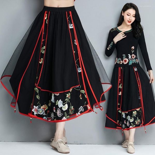 Gonne Donna Gonna etnica Donna Autunno Inverno Messico Stile Hippie Originale Boho Lungo Pizzo nero Patchwork Ricamo Midi KK3974