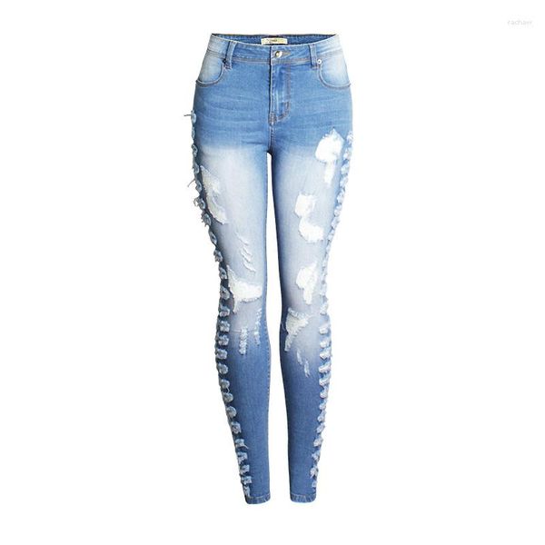 Calça Jeans Feminina Sexy Street Stretch Rasgada Calça Lápis Desgastada Hippie Denim Calças Destroyed Destroyed Buraco Oco Out Out Club Wear