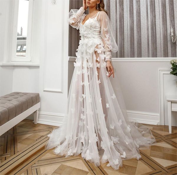 Butterfly Appliques Tulle Bridal Robe Sleepwear Long Sleeve Lingerie Wedding Evening Bathrobe Nightwear Custom Made Robe Gowns