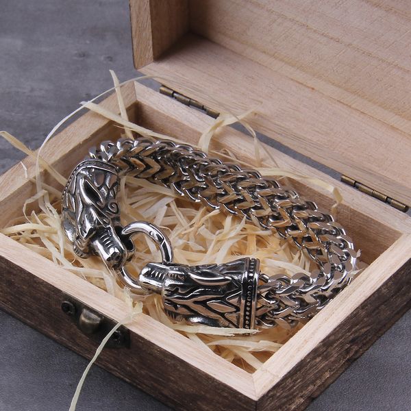 Bangle Never Fade Rock Bracciale con ciondolo drago vichingo Catena da uomo in maglia di acciaio inossidabile color argento Wolf Punk Bracciali Biker Jewelry 230726