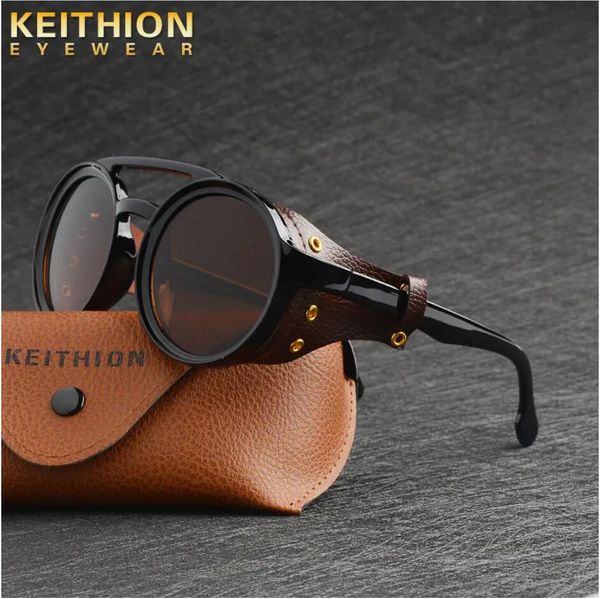 KEITHION Steampunk-Stil, runde Vintage-Sonnenbrille, Retro-Brille für Männer und Frauen, mit Leder-Seitenbrille, UV400