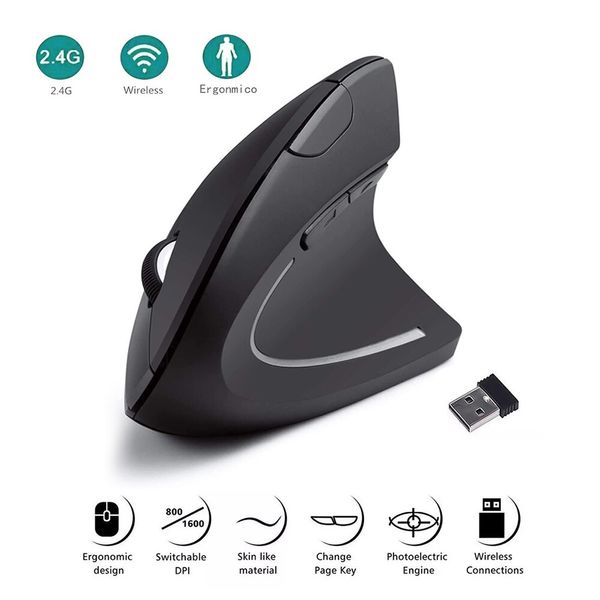 Mouse vertical ergonômico 2,4 GHz sem fio óptico 3 DPI ajustável 800/1200/1600 6 botões para laptop PC desktop