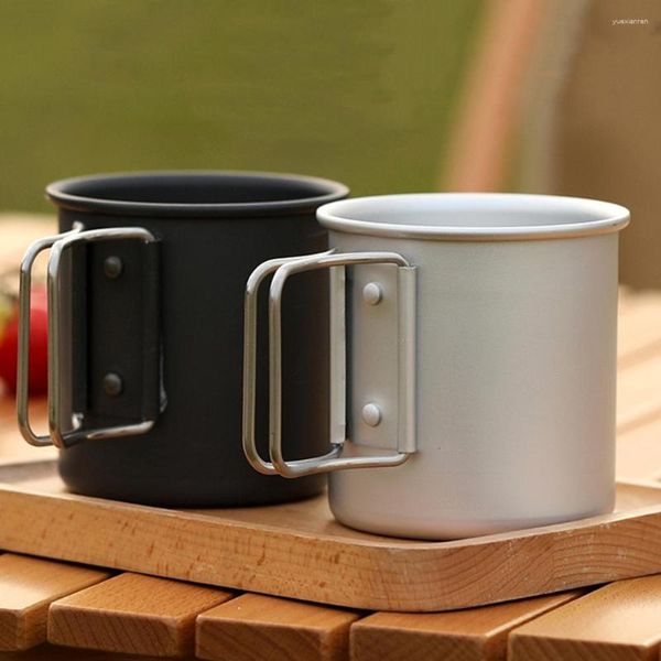 Tassen Untertassen 300 ml Outdoor Camping Tasse Reise Tassen aus Aluminiumlegierung Tragbare Bier Tee Kaffee Wasserflasche mit faltbarem Edelstahlgriff