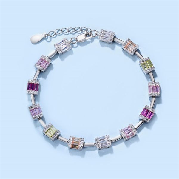 Corrente de pulseira de luxo s925 prata esterlina para mulher quadrada colorida 5A zircônia cúbica pulseiras femininas com pingente de diamante correntes pulseiras caixa de presente de joias