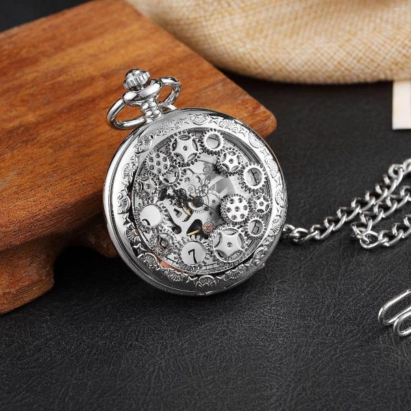 Orologi da taschino Antique Hollow Gears Silver Mechanical Men Vintage Steampunk Fob Clock Collana maschile con catena 2023