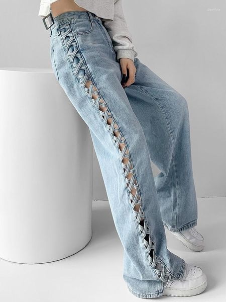 Frauen Jeans Koreanische Mode Seite Criss-cross Breite Bein Hohe Taille Lose Beiläufige Gerade Hosen Frauen Tasche Denim Hosen 2023