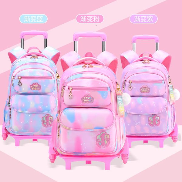 Zaini Cute Girls Wheel School Bags Bambini Scuola primaria Trolley Zaino Satchel Kids Book Bag Princess Schoolbag Mochila Infantil 230725