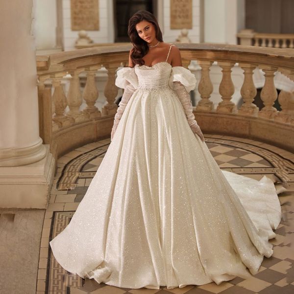 Funkelndes Glitzer-Ballkleid-Hochzeitskleid, Spaghettiträger, Perlen-Brautkleid, schulterfrei, Prinzessin, Übergröße, Vestido de Novia