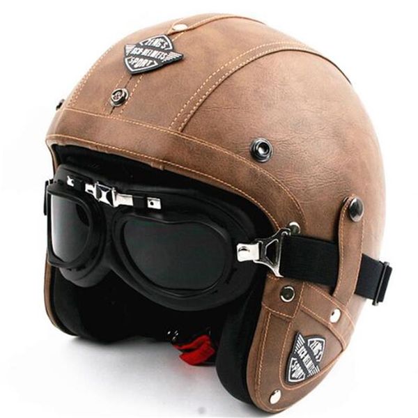 Vendi Casco da moto in pelle vintage da uomo Open Face Retro Pilot Cruiser Caschi motocicletta jet moto cascos capacete DOT2897