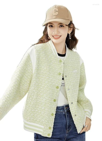 Jaquetas femininas verde claro estilo universitário beisebol primavera outono 2023 patchwork fresco perfumado jaqueta curta casacos