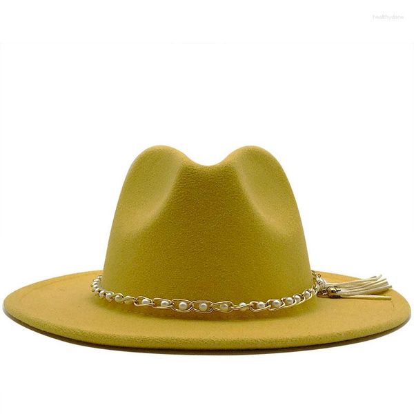 Boinas Mulheres Masculino Aba Larga Lã Feltro Borla Jazz Chapéus Fedora Estilo Panamá Trilby Cowboy Festa Vestido Formal Chapéu Tamanho Grande Amarelo Branco