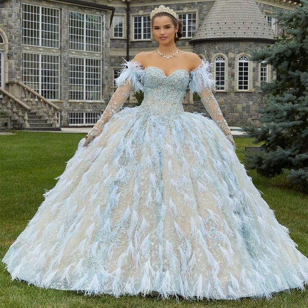 Luxus Schatz Quinceanera Kleider Feder Perlen Lange Ärmeln Spitze-up Abschlusskleid Süße 16 Kleid Vestidos De 15 Jahre