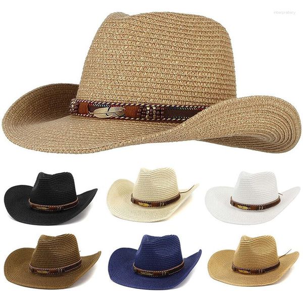 Berets Männer Frauen Western Cowboy Strohhut Sommer Mode Einfarbig Große Krempe Sonne Reise Meer Strand 56-58 cm