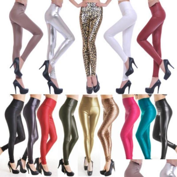 Leggings da donna Fashion Y Women Skinny Workout Faux Leather Stretch Pantaloni a vita alta Collant Drop Delivery Abbigliamento Abbigliamento donna Dh8Po