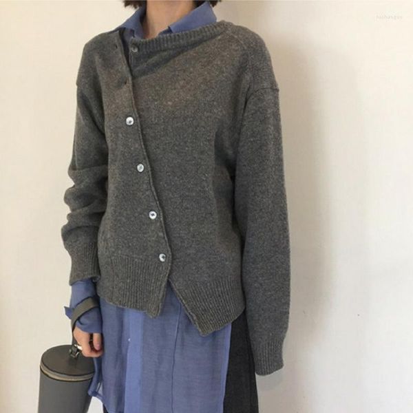 Suéteres femininos Japonês Irregular Casaco Outono/Inverno 2023 Design Sense Estilo Cor Sólida Temperamento Malha Cardigã