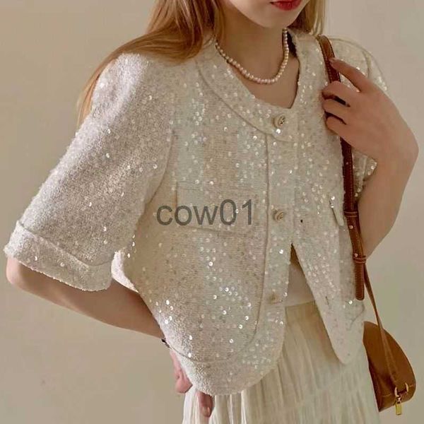 Jaquetas femininas verão de alta qualidade coreano tweed paillette jaqueta de manga curta casaco feminino moda coreana lantejoulas curtas top J230726