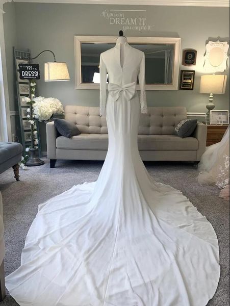Mangas compridas modestos vestidos de noiva vestidos muçulmanos gola alta botões cinto elástico crepe simples vestidos de boda 2023