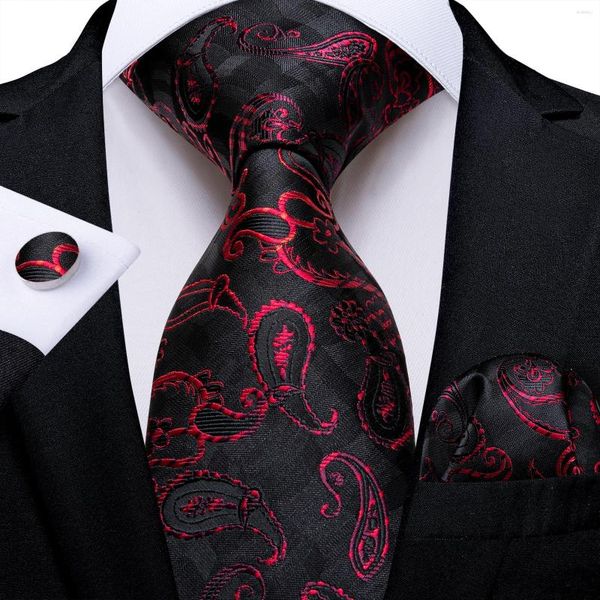 Papillon 2023 Uomo di lusso Rosso Paisley Cravatta di seta nera Set Accessori da sposa Fazzoletto Gemelli Regali per uomo Commercio all'ingrosso DiBanGu