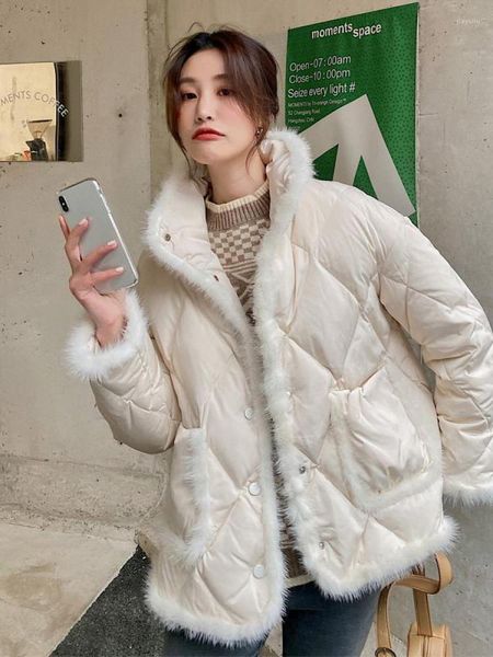 Piumino da donna di lusso leggero Cappotto invernale da donna Capelli di visone Cuciture 90% Giacca d'anatra bianca Collo alla coreana Monopetto Capispalla da neve