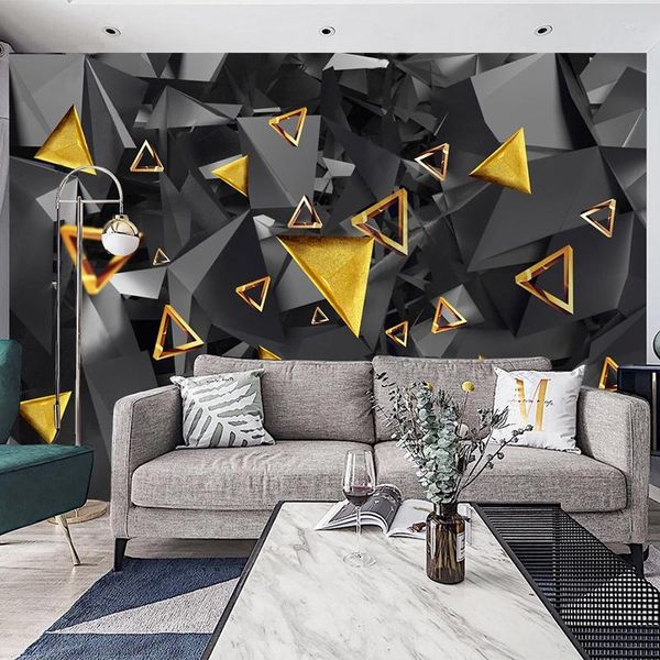 Papéis de parede murais personalizados pintura de parede moderna 3d papel de pared abstrato dourado preto geométrico papel de parede para sala de estar sofá tv fundo