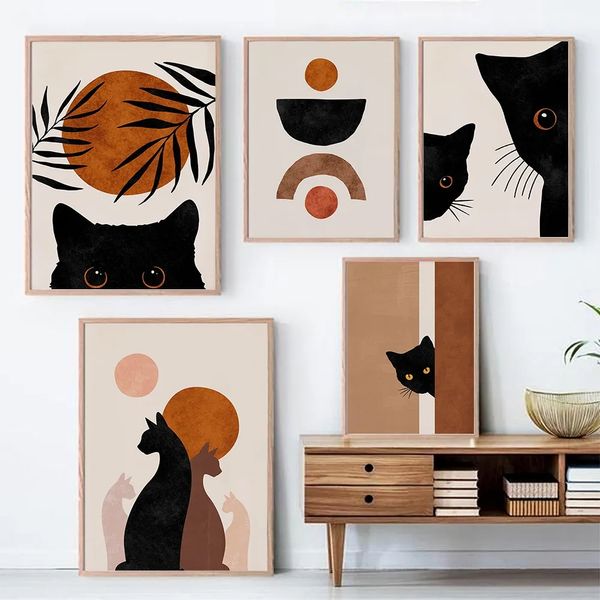 Pintura em tela Plantas tropicais e gatos fofos pretos pôsteres e impressões Arte de parede minimalista neutra moderna decoração de sala de estar w06