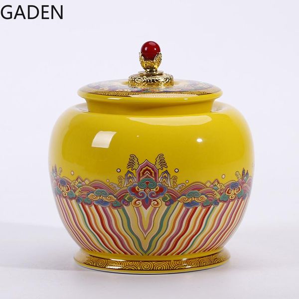 Strumenti Vaso in ceramica gialla in stile cinese Ornamenti da tavolo Vaso di stoccaggio sigillato Contenitore per il tè Tavolino da tè di fascia alta per soggiorno
