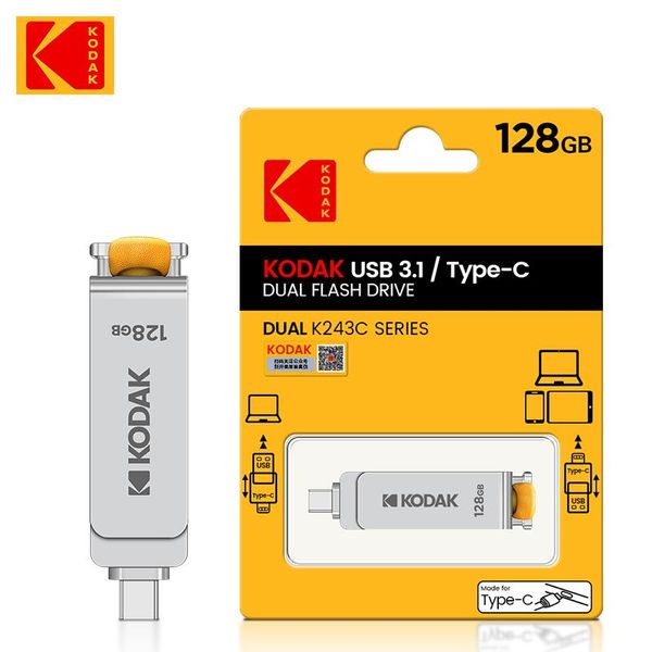 Zaagbladen Kodak K243c Usb Flash Drive Otg 256gb 32gb 64gb 128gb Usb 3.1 Tipo C Pen Drive Pendrives de alta velocidade com cordão para telefone