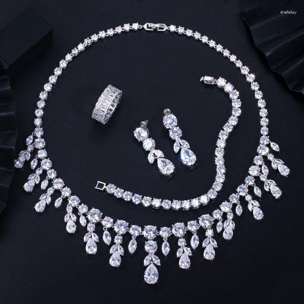 Серьги ожерелья настройки супер роскошной кисточки с кисточкой капля Cz Big Wedding Bridal Bracelet Bracelet Кольцо 4 шт. Нигерийские ювелирные украшения для женщин для женщин