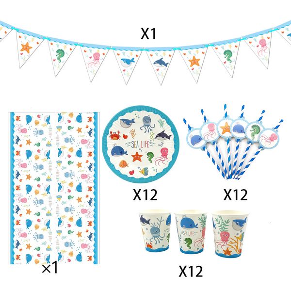 Altri articoli per feste per eventi 12 bambini Sea Life Sea World Marine Animal tema festa di compleanno decorazione set da tavola piatto tazza sacchetto regalo banner snackbox cappello 230725