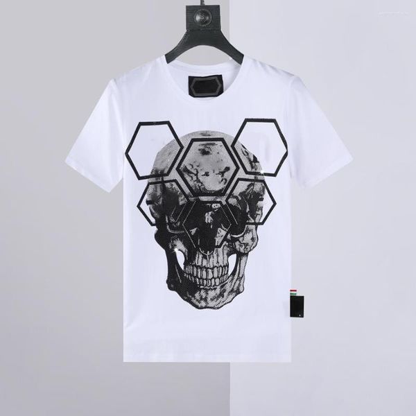 Camisetas masculinas 2023 verão de manga curta de algodão com estampa de caveira diamante top fino ajuste camiseta tendência da moda gola redonda marca