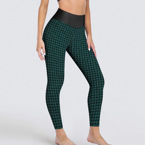 Aktive Hose, grün, schwarz, Hahnentritt-Leggings, kleines Muster, trendige hohe Taille, Yoga-Mode, schnell trocknende Leggins, Lauf-Sport-Leggings