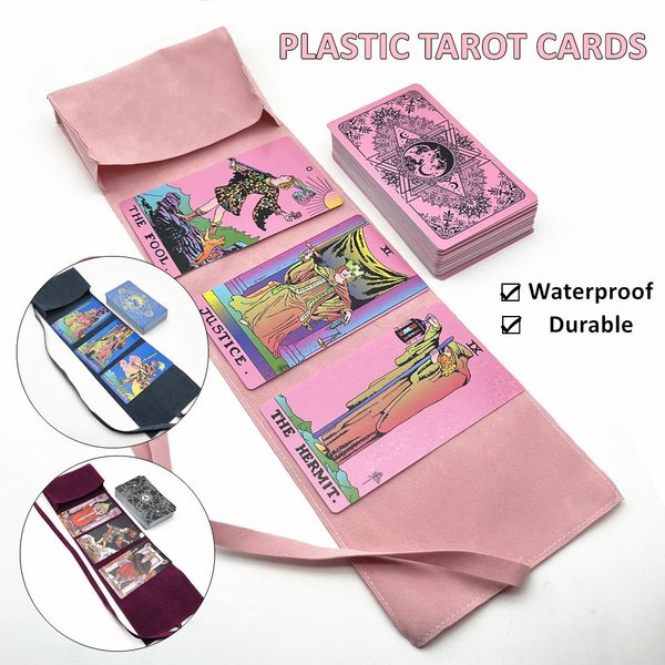 Attività di giochi all'aperto 1 set di carte dei tarocchi in plastica rosa blu nero con custodia in tessuto impermeabile resistente divinazione guida inglese L743 230725