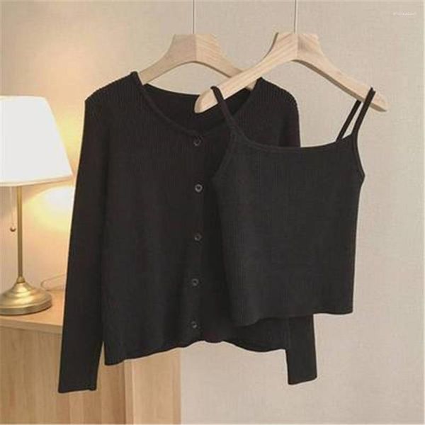 Malhas femininas coreanas ternos de duas peças casual sling camisola de malha cardigã jaqueta 2023 primavera ajuste fino moda conjuntos de 2 peças sólidos feminino